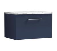 Nuie Arno Wall Hung Single Drawer Vanity Unit with Carrera Marble Laminate Worktop | Satin Midnight Blue | MFC | 600mm