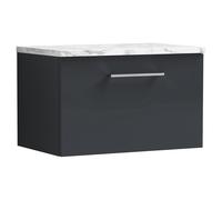 Nuie Arno Wall Hung Single Drawer Vanity Unit with Carrera Marble Laminate Worktop | Satin Soft Black | MFC | 600mm