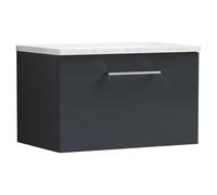 Nuie Arno Satin Wall Hung Single Drawer Vanity Unit with White Sparkle Worktop | Soft Black | MDF | 600mm