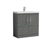 Nuie Arno Woodgrain 2 Door Vanity Unit and Mid Edge Ceramic Basin | Anthracite | MFC | 800mm
