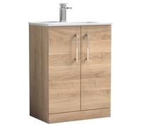 Nuie Arno Woodgrain 2 Door Vanity Unit and Minimalist Ceramic Basin | Bleached Oak | MFC | 600mm
