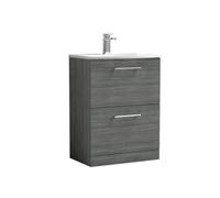 Nuie Arno Woodgrain 2 Drawer Vanity Unit and Curved Ceramic Basin | Anthracite | MFC | 600mm