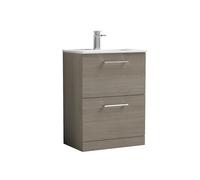 Nuie Arno Woodgrain 2 Drawer Vanity Unit and Minimalist Ceramic Basin | Solace Oak | MDF | 600mm