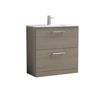 Nuie Arno Woodgrain 2 Drawer Vanity Unit and Minimalist Ceramic Basin | Solace Oak | MDF | 800mm