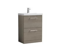 Nuie Arno 600mm Floor Standing 2 Drawer Vanity & Thin-Edge Basin Solace Oak, Brown