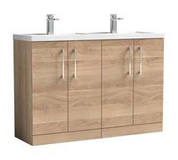 Nuie Arno Woodgrain 4 Door Vanity Unit and Double Polymarble Basins | Bleached Oak | MFC | 1200mm