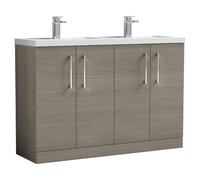 Nuie Arno Woodgrain 4 Door Vanity Unit and Double Polymarble Basins | Solace Oak | MDF | 1200mm