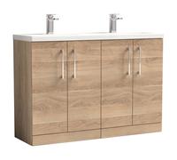 Nuie Arno Woodgrain 4 Door Vanity Unit with Double Ceramic Basins | Bleached Oak | MFC | 1200mm