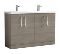 Nuie Arno Woodgrain 4 Door Vanity Unit with Double Ceramic Basins | Solace Oak | MDF | 1200mm