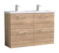 nuie Arno 1200mm Floor Standing 4 Drawer Vanity & Double Basin - Bleached Oak, Brown