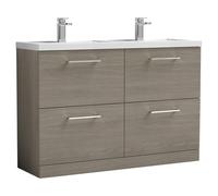 Nuie Arno Woodgrain 4 Drawer Vanity Unit and Double Polymarble Basins | Solace Oak | MDF | 1200mm