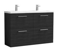 Nuie Arno 1200mm Floor Standing 4 Drawer Vanity & Double Ceramic Minimalist Basin Black Woodgrain, Black
