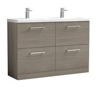 Nuie Arno Woodgrain 4 Drawer Vanity Unit with Double Ceramic Basins | Solace Oak | MDF | 1200mm
