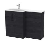 Nuie Arno Woodgrain Left Hand Toilet Suite and White Stone Basin | Charcoal Black | MFC | 1100mm