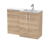 Nuie Arno Woodgrain Right Hand Toilet Suite and Carrera Marble Stone Basin | Bleached Oak | MFC | 1100mm