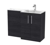 Nuie Arno Woodgrain Right Hand Toilet Suite and Carrera Marble Stone Basin | Charcoal Black | MFC | 1100mm