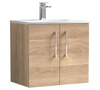 Nuie Arno Woodgrain Wall Hung 2 Door Vanity Unit and Curved Ceramic Basin | Bleached Oak | MFC | 600mm