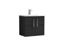 Nuie Arno Woodgrain Wall Hung 2 Door Vanity Unit and Curved Ceramic Basin | Charcoal Black | MDF | 600mm