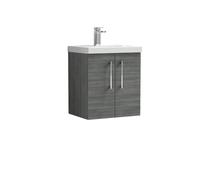 Nuie Arno Woodgrain Wall Hung 2 Door Vanity Unit and Mid Edge Ceramic Basin | Anthracite | MFC | 500mm