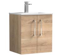 Nuie Arno Woodgrain Wall Hung 2 Door Vanity Unit and Minimalist Ceramic Basin | Bleached Oak | MFC | 500mm