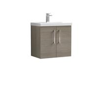 nuie ARN2523D Arno Modern Bathroom Wall Hung 2 Door Vanity Unit with Thin-Edge Ceramic Basin, Solace Oak