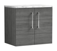 nuie Arno 600mm Wall Hung 2-Door Vanity & Laminate Worktop - Anthracite Woodgrain, Grey