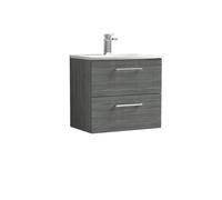 nuie ARN524G Arno Modern Bathroom Wall Hung 2 Drawer Vanity Unit with Curved Ceramic Basin, 600mm, Woodgrain Anthracite