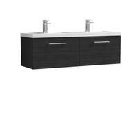 Nuie Arno Woodgrain Wall Hung 2 Drawer Vanity Unit and Double Polymarble Basins | Charcoal Black | MDF | 1200mm