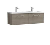 Nuie Arno Woodgrain Wall Hung 2 Drawer Vanity Unit and Double Polymarble Basins | Solace Oak | MDF | 1200mm