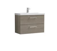 Nuie Arno Woodgrain Wall Hung 2 Drawer Vanity Unit and Mid Edge Ceramic Basin | Solace Oak | MDF | 800mm