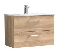 Nuie Arno Woodgrain Wall Hung 2 Drawer Vanity Unit and Minimalist Ceramic Basin | Bleached Oak | MFC | 800mm
