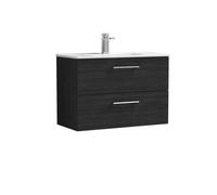 nuie ARN626B Arno Modern Bathroom Wall Hung 2 Drawer Vanity Unit with Minimalist Ceramic Basin, Woodgrain Charcoal Black
