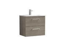 Nuie Arno Woodgrain Wall Hung 2 Drawer Vanity Unit and Minimalist Ceramic Basin | Solace Oak | MDF | 600mm