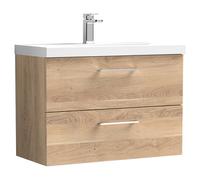 Nuie Arno Woodgrain Wall Hung 2 Drawer Vanity Unit and Thin Edge Ceramic Basin | Bleached Oak | MFC | 800mm