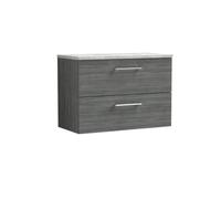 Nuie Arno Woodgrain Wall Hung 2 Drawer Vanity Unit with Bellato Grey Worktop | Anthracite | MDF | 800mm