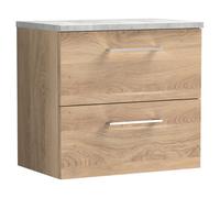 nuie ARN3024LBG Arno Modern Bathroom Wall Hung 2 Soft Close Drawer Vanity Unit and Bellato Grey Laminate Worktop, 600mm, Bleached Oak Woodgrain