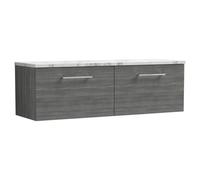 Nuie Arno Woodgrain Wall Hung 2 Drawer Vanity Unit with Carrera Marble Laminate Worktop | Anthracite | MFC | 1200mm
