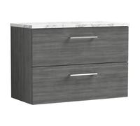 nuie ARN526LCM Arno Modern Bathroom Wall Hung 2 Soft Close Drawer Vanity Unit and Carrera Marble Laminate Worktop, 800mm, Anthracite Woodgrain