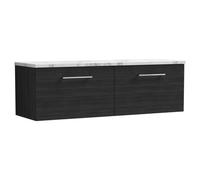 Nuie Arno Woodgrain Wall Hung 2 Drawer Vanity Unit with Carrera Marble Laminate Worktop | Charcoal Black | MFC | 1200mm