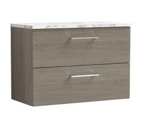 Nuie Arno Woodgrain Wall Hung 2 Drawer Vanity Unit with Carrera Marble Laminate Worktop | Solace Oak | MFC | 800mm