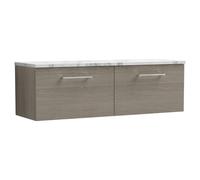Nuie Arno Woodgrain Wall Hung 2 Drawer Vanity Unit with Carrera Marble Laminate Worktop | Solace Oak | MFC | 1200mm