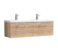 Nuie Arno Woodgrain Wall Hung 2 Drawer Vanity Unit with Double Ceramic Basins | Bleached Oak | MFC | 1200mm