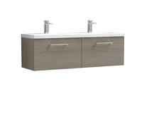 Nuie Arno Woodgrain Wall Hung 2 Drawer Vanity Unit with Double Ceramic Basins | Solace Oak | MDF | 1200mm