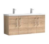 nuie Arno 1200mm Wall Hung 4-Door Vanity & Double Basin - Bleached Oak, Brown