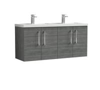 Nuie Arno Woodgrain Wall Hung 4 Door Vanity Unit and Double Polymarble Basins | Anthracite | MFC | 1200mm