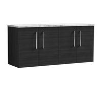 nuie ARN623LCM2 Arno Modern Bathroom Wall Hung 4 Soft Close Door Vanity Unit and Carrera Marble Laminate Worktop, 1200mm, Charcoal Black Woodgrain