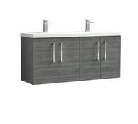 Nuie Arno Woodgrain Wall Hung 4 Door Vanity Unit with Double Ceramic Basins | Anthracite | MFC | 1200mm