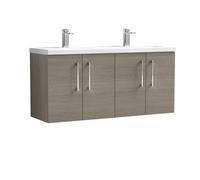 Nuie Arno 1200mm Wall Hung 4 Door Vanity & Double Ceramic Basin Solace Oak, Brown