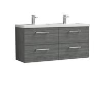 Nuie Arno Woodgrain Wall Hung 4 Drawer Vanity Unit and Double Polymarble Basins | Anthracite | MFC | 1200mm