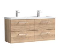 nuie Arno 1200mm Wall Hung 4-Drawer Vanity & Double Basin Bleached Oak, Brown